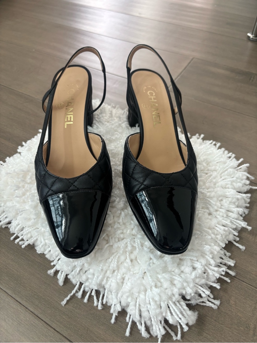 CHANEL Black Quilted Leather & Patent Slingback Pumps